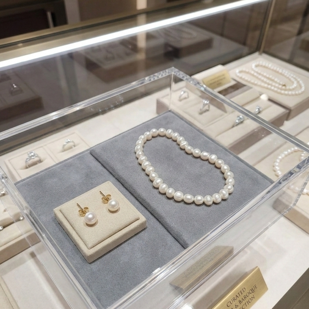 Elegant Pearl Necklace, Bracelet and 14k Gold Earring Set